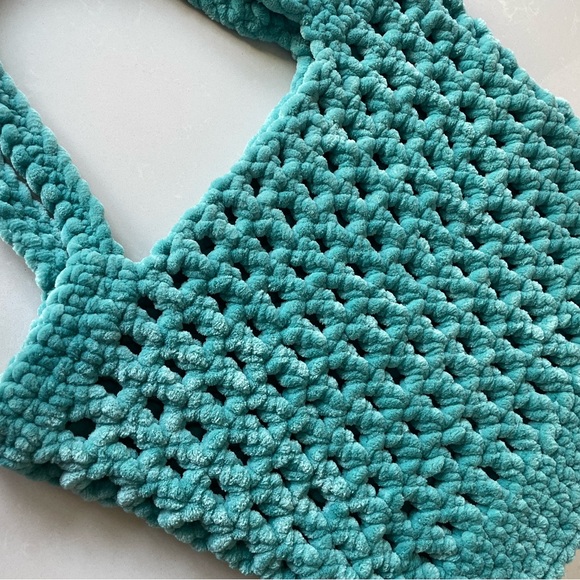 Turquoise Handmade Crochet Plush Large Tote Bag - Picture 2 of 6